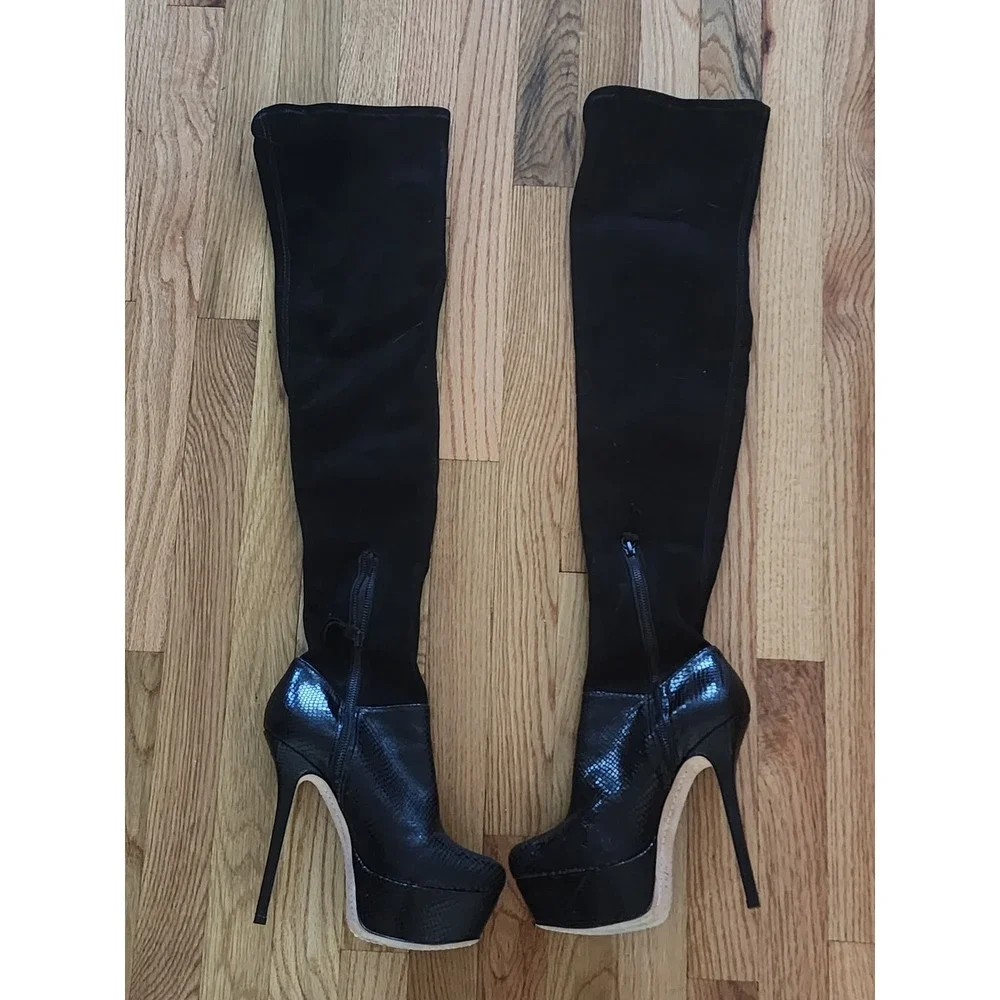 Alice + Olivia Black Snakeskin Embossed Platform Over The Knee Boots 39.5